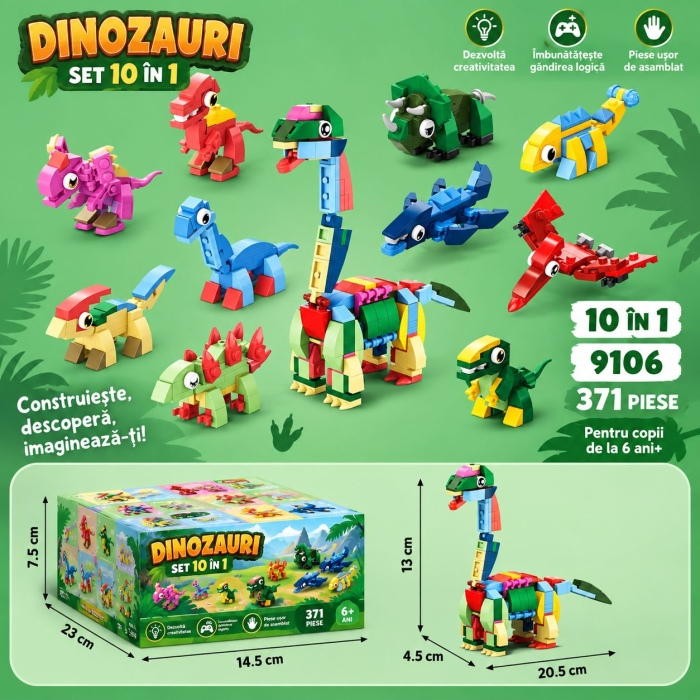 Set de Constructie, Dinozauri 10 in 1, 371 Piese, 10 Modele de Dinozauri, Varsta 6+ Ani, 20.5 x 4.5 x 13 cm, Multicolor [5]