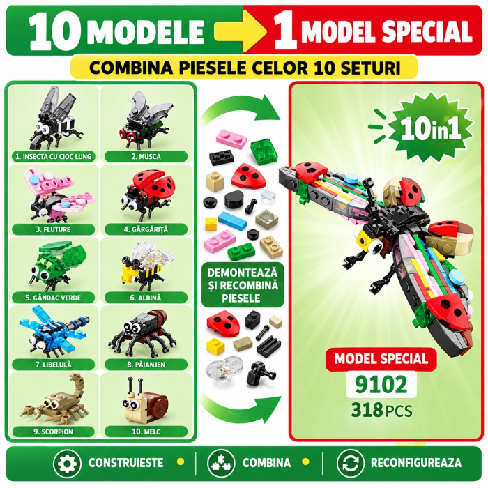 Set de Constructie, Lumea Insectelor 10 in 1, 318 Piese, 10 Modele, Varsta 6+ Ani, 14.5 x 8 x 7 cm, Multicolor [2]