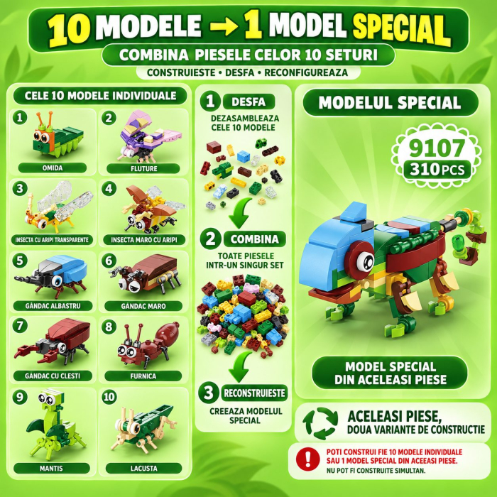 Set de Constructie, Model Insecte 10 in 1, 310 Piese, 10 Modele, Varsta 6+ Ani, 14.3x4.5x5.6 cm, Multicolor [3]