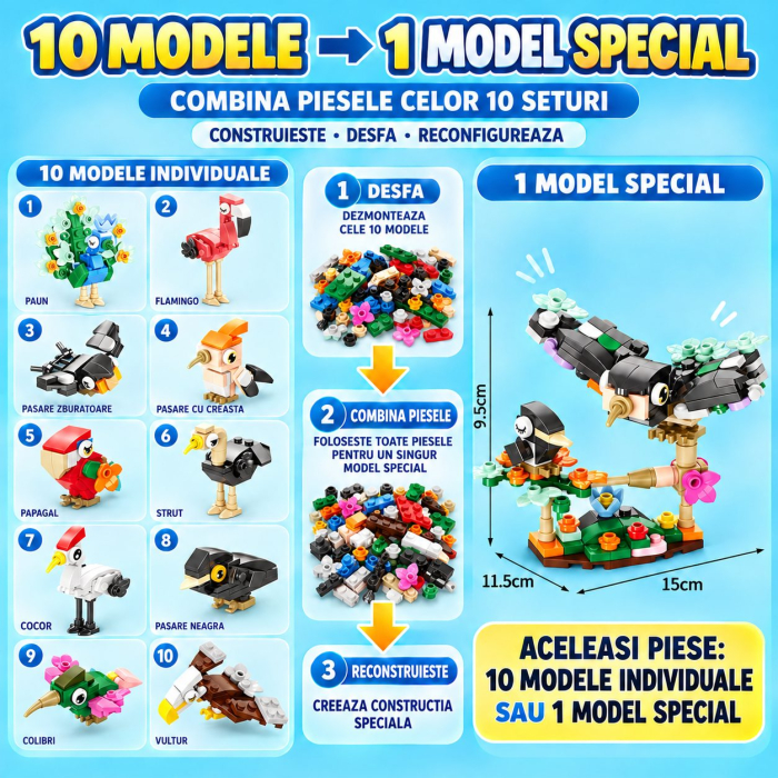 Set de Constructie, Model Pasari 10 in 1, 309 Piese, 10 Modele, 6+, 15x11.5x9.5 cm, Multicolor [4]