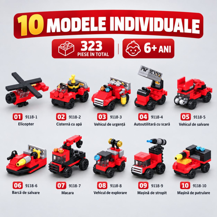 Set de Constructie, Vehicule de Pompieri si Salvare 10 in 1, 323 Piese, 10 Modele, Varsta 6+ Ani, 23.5 x 15 x 7.5 cm, Multicolor [4]