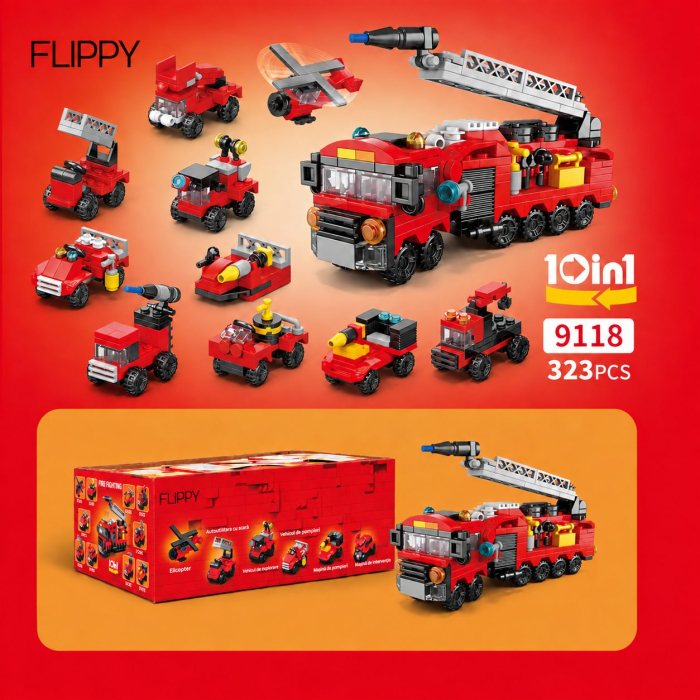 Set de Constructie, Vehicule de Pompieri si Salvare 10 in 1, 323 Piese, 10 Modele, Varsta 6+ Ani, 23.5 x 15 x 7.5 cm, Multicolor [2]