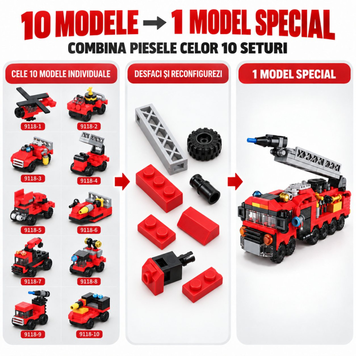 Set de Constructie, Vehicule de Pompieri si Salvare 10 in 1, 323 Piese, 10 Modele, Varsta 6+ Ani, 23.5 x 15 x 7.5 cm, Multicolor [7]