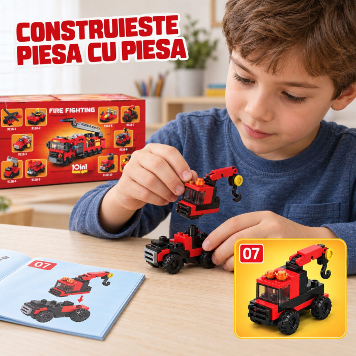 Set de Constructie, Vehicule de Pompieri si Salvare 10 in 1, 323 Piese, 10 Modele, Varsta 6+ Ani, 23.5 x 15 x 7.5 cm, Multicolor [5]
