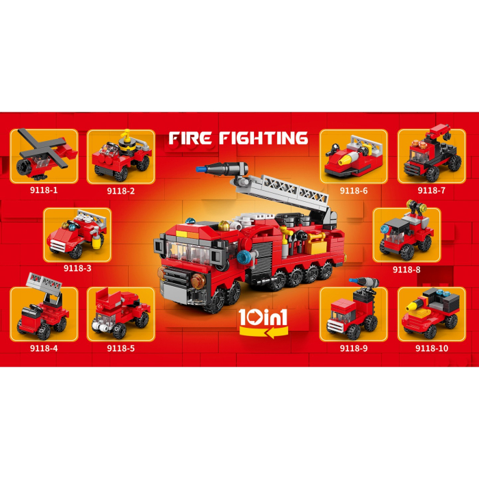 Set de Constructie, Vehicule de Pompieri si Salvare 10 in 1, 323 Piese, 10 Modele, Varsta 6+ Ani, 23.5 x 15 x 7.5 cm, Multicolor [8]