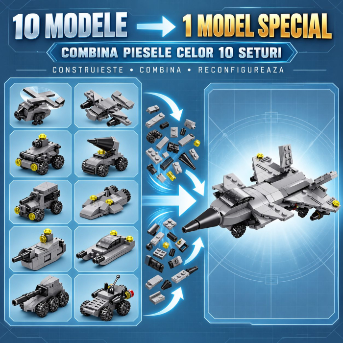 Set de Constructie, Vehicule Militare 10 in 1, 310 Piese, 10 Modele, Varsta 6+ Ani, 20 x 12.8 x 9 cm, Multicolor [6]