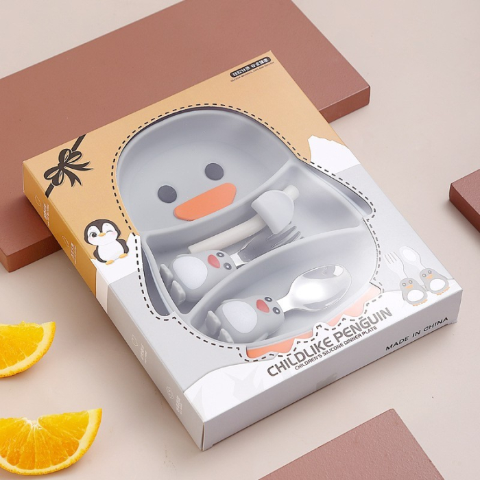 Set diversificare bebelusi, din silicon, 23.5 x 12.5 cm, 1 farfurie compartimentata in forma de pinguin, lingurita si furculita, pai, perie pai, fara alergeni, ventuza fixare, forma creativa [8]