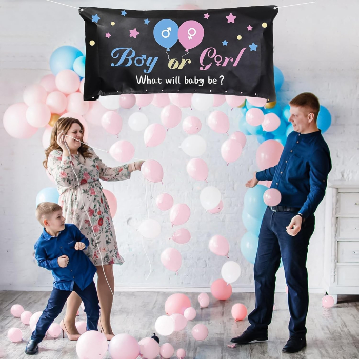 Set Gender Reveal, Balloon Drop Bag, din Plastic si Latex, 24 Baloane Roz si Albastru 13 cm, Sac pentru Baloane 60 x 120 cm, Multicolor [2]