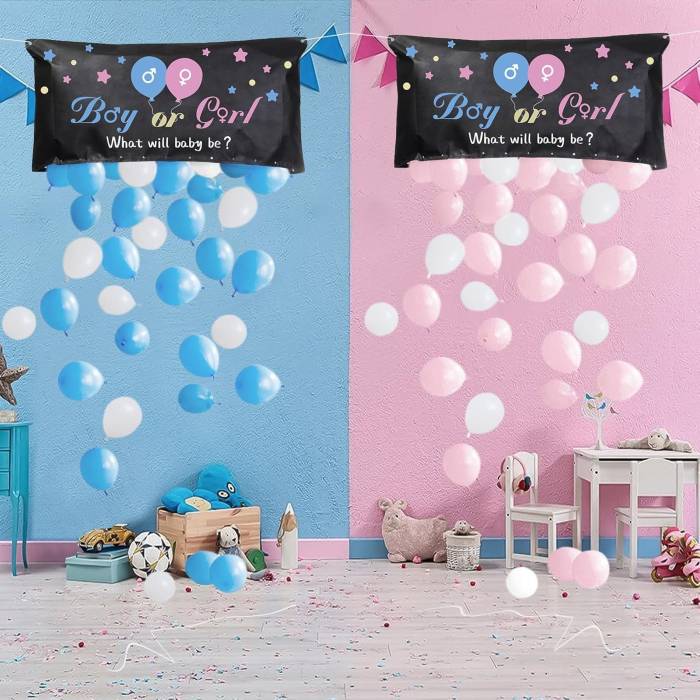 Set Gender Reveal, Balloon Drop Bag, din Plastic si Latex, 24 Baloane Roz si Albastru 13 cm, Sac pentru Baloane 60 x 120 cm, Multicolor [3]