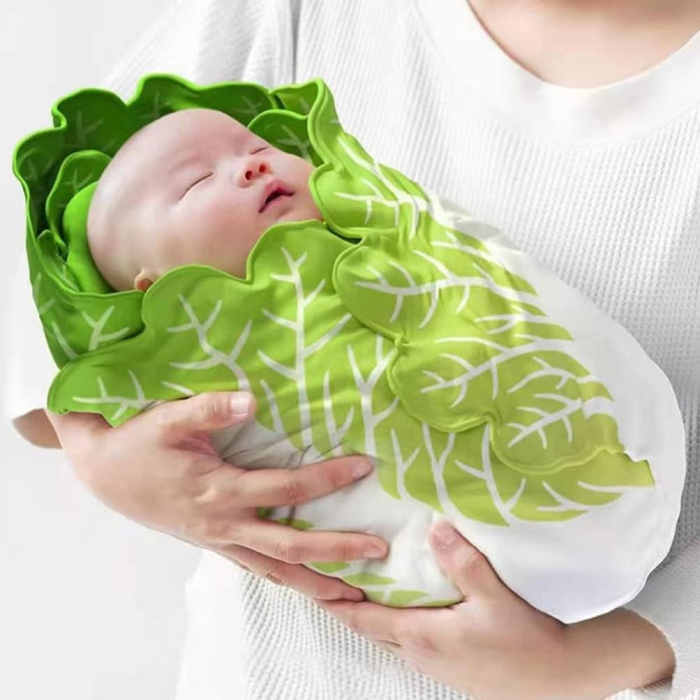 Set patura flanel si caciula, forma frunza de salata, pentru nou-nascuti, material poliester, 85 cm, verde [4]