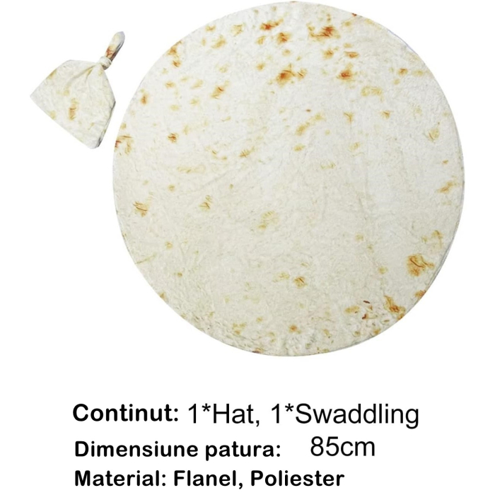 Set patura flanel si caciula, forma lipie, pentru nou-nascuti, material poliester, 85 cm, crem [3]