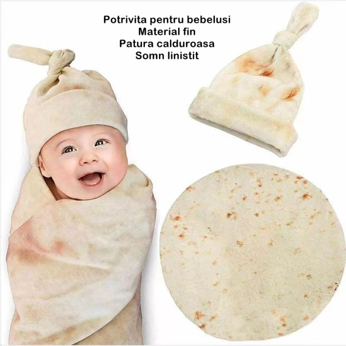 Set patura flanel si caciula, forma lipie, pentru nou-nascuti, material poliester, 85 cm, crem [2]