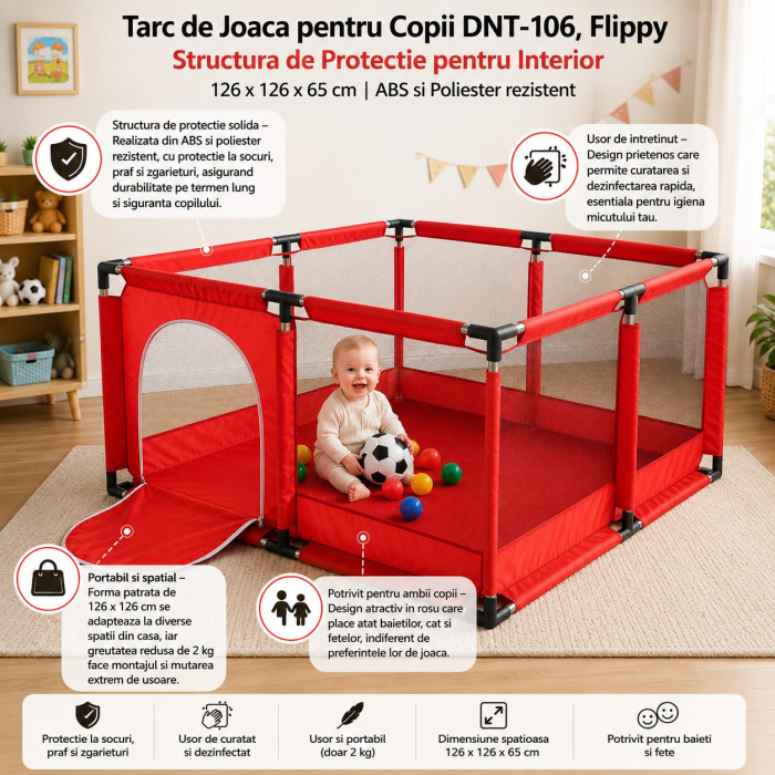Tarc de Joaca pentru Copii DNT-106, Model Spatiu Fotbal, 126 x 126 x 65 cm, Structura de Protectie pentru Interior, ABS si Poliester rezistent, Rosu [2]