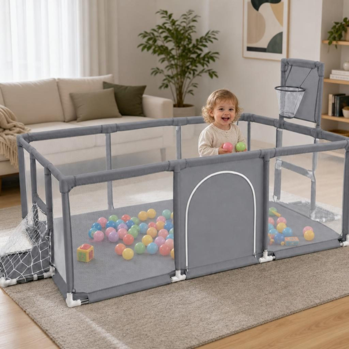 Tarc de Joaca pentru Copii DNT-109, Model Spatiu Fotbal si Basketball, 230 x 122 x 65 cm, Margini Acoperite Structura de Protectie pentru Interior, ABS si Poliester rezistent, Gri [4]