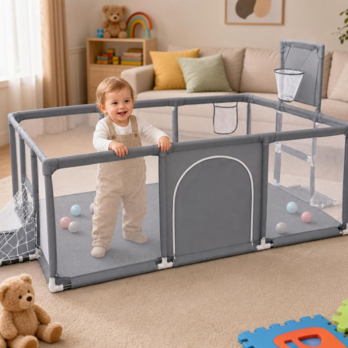 Tarc de Joaca pentru Copii DNT-109, Model Spatiu Fotbal si Basketball, 230 x 122 x 65 cm, Margini Acoperite Structura de Protectie pentru Interior, ABS si Poliester rezistent, Gri [3]