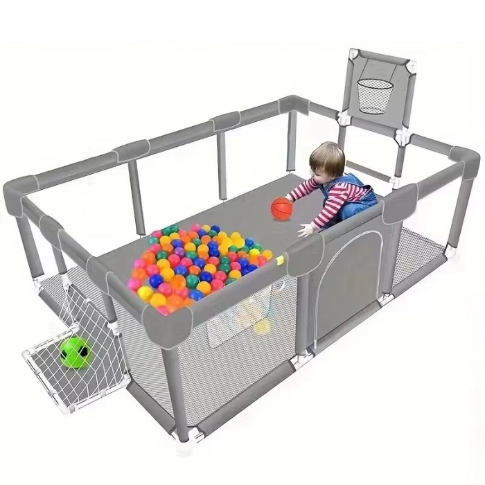 Tarc de Joaca pentru Copii DNT-109, Model Spatiu Fotbal si Basketball, 230 x 122 x 65 cm, Margini Acoperite Structura de Protectie pentru Interior, ABS si Poliester rezistent, Gri [2]