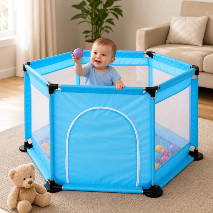 Tarc de Joaca si Siguranta pentru Copii DNT-104, Dimensiuni 130 x 115 x 65 cm, Structura de Protectie pentru Interior, Albastru [4]