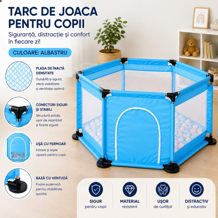 Tarc de Joaca si Siguranta pentru Copii DNT-104, Dimensiuni 130 x 115 x 65 cm, Structura de Protectie pentru Interior, Albastru [2]