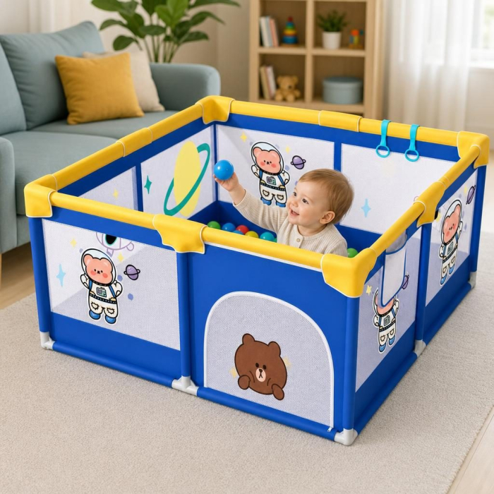 Tarc Spatiu de Joaca pentru Copii DNT-113, 180 x 150 x 65 cm, Structura de Protectie pentru Interior, ABS si Poliester rezistent, Albastru/Galben [3]