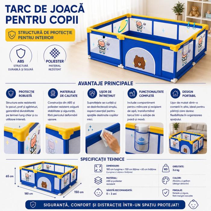 Tarc Spatiu de Joaca pentru Copii DNT-113, 180 x 150 x 65 cm, Structura de Protectie pentru Interior, ABS si Poliester rezistent, Albastru/Galben [2]