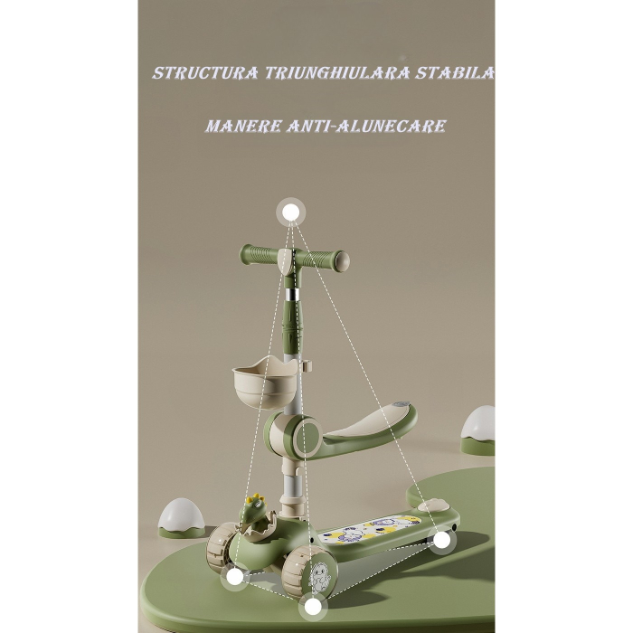 Trotineta Multifunctionala 2 in 1, pentru Copii, 1-7 Ani, cu Lumini, Reglabil 360, Pliere Usoara, Reglarea Inaltimii, Model Dinozaur, 67-76 x 24 x 55 cm, Bej/Verde [2]