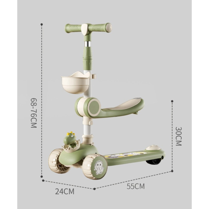 Trotineta Multifunctionala 2 in 1, pentru Copii, 1-7 Ani, cu Lumini, Reglabil 360, Pliere Usoara, Reglarea Inaltimii, Model Dinozaur, 67-76 x 24 x 55 cm, Bej/Verde [4]