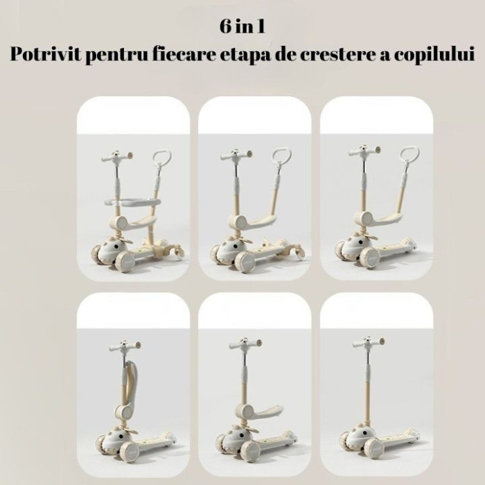 Trotineta Multifunctionala 6 in 1, Varsta 1-4 Ani, Cu Maner De Impingere, Reglabil 360, Pliere Usoara, Reglarea Inaltimii, Model Dinozaur, Alb/Bej [4]
