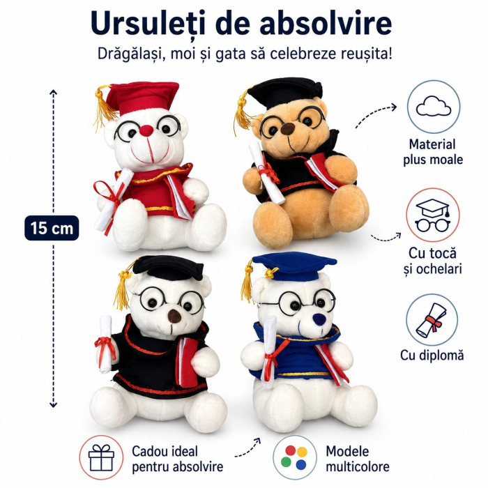 Ursulet de Plus Absolvent, Jucarie Moale cu Toca, Ochelari si Diploma, Cadou pentru Absolvire, 15 cm, Multicolor [3]