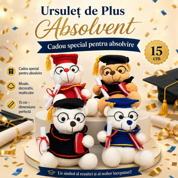 Ursulet de Plus Absolvent, Jucarie Moale cu Toca, Ochelari si Diploma, Cadou pentru Absolvire, 15 cm, Multicolor [4]