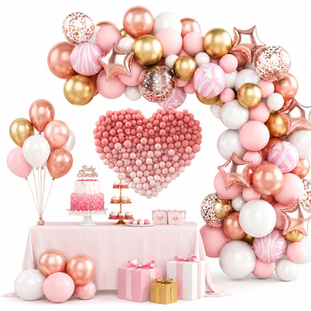 Cadouri și sărbători - Baloane decorative Arcada, pentru Fetite, BABY SHOWER, Arcada LOVE, decorativa, set mix din 82 baloane Latex, Rose Gold