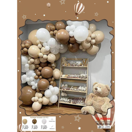 Cadouri și sărbători - Baloane din Latex pentru Arcada, Set Mix din 125 baloane, Model Petrecere pentru Arcada, Baloane Party, 12 cm, 25 cm, 45 cm, Pai si Adeziv inclus in pachet, Maro, Alb, Bej