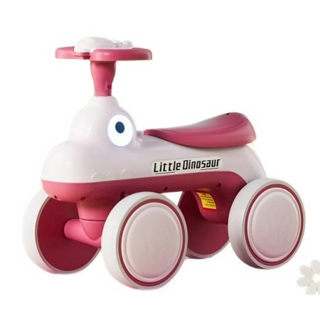 Jucării - Bicicleta Pentru Copii, Fara Pedale, Cu Patru Roti, Din Plastic Rezistent, Fara BPA, Cu Muzica Si Lumini, Model Dinozaur, 50x27x40 Cm, Roz