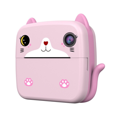 Jucării interactive - Camera Foto Instantanee pentru Copii, cu Imprimare Termica, Camera Frontala + Selfie, Bluetooth, USB-C, Compatibil iOS/Android, Model Pisica, Roz