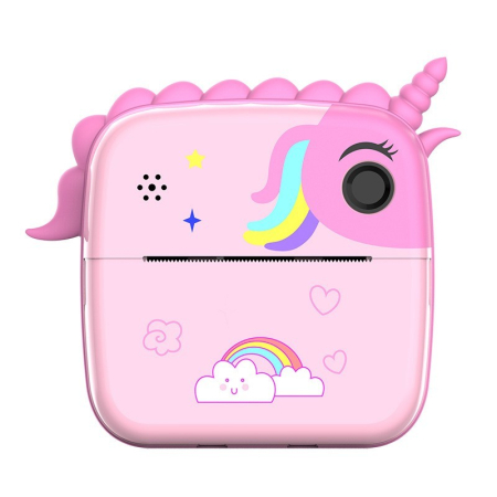 Jucării interactive - Camera Foto Instantanee pentru Copii, cu Imprimare Termica, Camera Frontala + Selfie, Bluetooth, USB-C, Compatibil iOS/Android, Model Unicorn, Snur Inclus, Roz