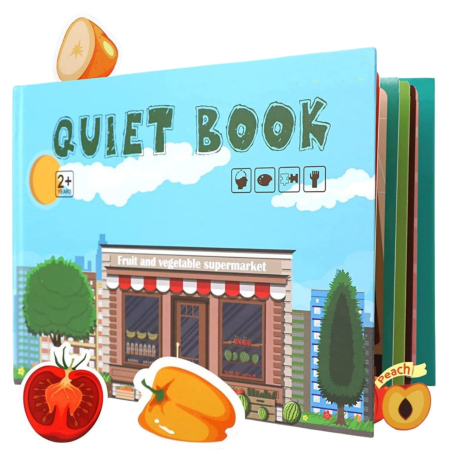 Jucării educative - Carte Educativa cu Stickere Reutilizabile, Quiet Book Senzoriala cu Pagini Interactive, Joc Montessori, Seria ''Fructe si Legume'', Dezvolta Motricitatea Fina si Logica, pentru Invatare Timpurie