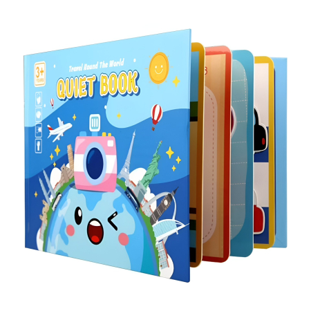 Jucării educative - Carte Educativa cu Stickere Reutilizabile, Quiet Book Senzoriala cu Pagini Interactive, Joc Montessori, Seria ''In Jurul Lumii', Puzzle, Dezvolta Motricitatea Fina si Logica