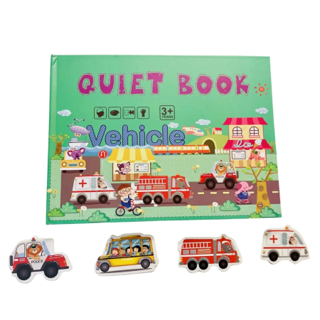 Jucării educative - Carte Educativa cu Stickere Reutilizabile, Quiet Book Senzoriala cu Pagini Interactive, Joc Montessori, Seria ''Vehicule si Masini'', Puzzle, Dezvolta Motricitatea Fina si Logica
