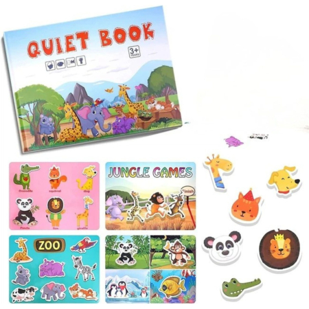 Jucării educative - Carte Educativa cu Stickere Reutilizabile, Quiet Book Senzoriala cu Pagini Interactive, Puzzle, Joc Montessori, Seria ''Lumea Animalelor'', Dezvolta Motricitatea Fina si Logica