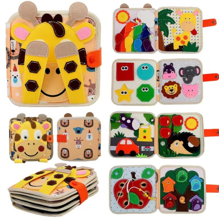 Jucării educative - Carte Senzoriala Educativa Montessori 7in1, Dezvoltare Abilitati Motorii, 8 Pagini, 3D, cu Elemente Detasabile, Model Girafa, 21x21x8 cm, Maro
