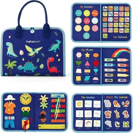 Jucării educative - Carte Senzoriala Educativa Montessori, Dezvoltare Abilitati Motorii, 5 Pagini, Model Dinozauri, 28x22x7 cm, Albastru