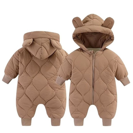 Accesorii bebeluși - Combinezon de Iarna, pentru Bebelusi, din Bumbac, cu Urechi, Mansete Elastice, Unisex, 66 cm, Maro