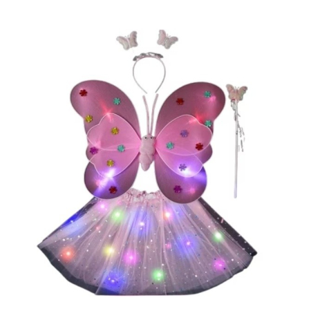Jucării - Costum Fluturas cu Aripi Modelabile Luminoase pentru Copii, Fusta din Tul cu Lumini, Bagheta si Bentita, 4 piese, Pentru Halloween, Roleplay, Craciun, Carnaval, Paste, Ziua Copilului, Bumbac/P
