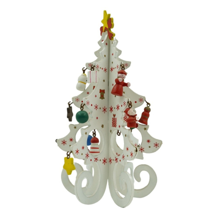 Cadouri și sărbători - Decoratiune Craciun, Brad, Alb, 6 cavitati cu ornamente, 12 cm x 20 cm, Lemn