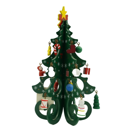 Cadouri și sărbători - Decoratiune Craciun, Brad, Verde, 6 cavitati cu ornamente, 12 cm x 20 cm, Lemn