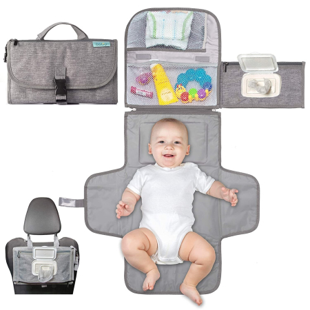 Accesorii bebeluși - Geanta Multifunctionala, Tip Aleza de Schimbat Scutece, Impermeabila, din Panza Oxford, cu Buzunare, Usor de Agatat, 30 x 20 cm, Gri