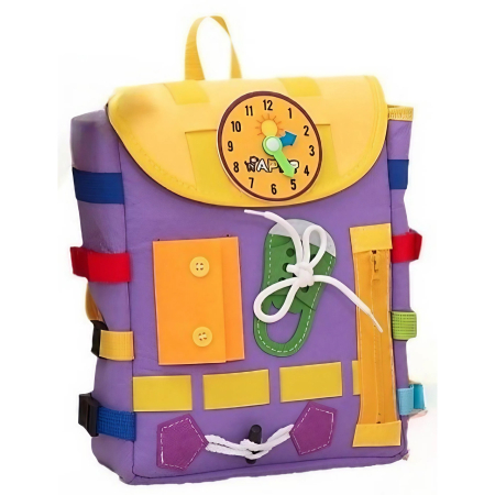 Jucării - Ghiozdan Montessori, pentru Copii 2-6 ani, Fidget Pop, cu Catarame si Fermoare, Jucarii Senzoriale, Activitate de Invatare prin Joc, Mov, 0.25 kg, 28x10x23 cm