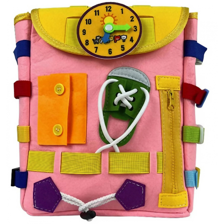 Jucării - Ghiozdan Montessori, pentru Copii 2-6 ani, Fidget Pop, cu Catarame si Fermoare, Jucarii Senzoriale, Activitate de Invatare prin Joc, Roz, 0.25 kg, 28x10x23 cm