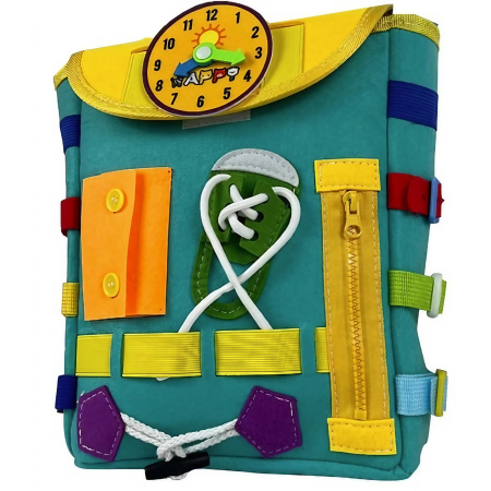 Jucării - Ghiozdan Montessori, pentru Copii 2-6 ani, Fidget Pop, cu Catarame si Fermoare, Jucarii Senzoriale, Activitate de Invatare prin Joc, Turcoaz, 0.25 kg, 28x10x23 cm