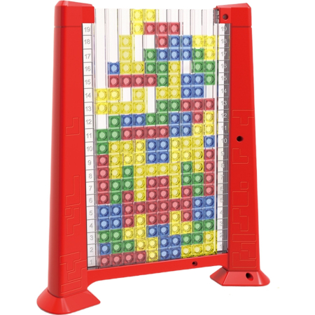 Jucării educative - Joc de inteligenta Tetris puzzle tangram, 70 de piese multicolore, 3D, montessori, interactiv, din plastic, zar inclus, sac depozitare piese, varsta peste 6 ani, 23 x 19.8 x 5 cm, cadru rosu
