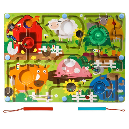 Jucării - Joc Montessori de Sortare Culori, Creion Magnetic, Tip Labirint Ilustrat, din Lemn, Model Ferma, 39x29x1.5 cm